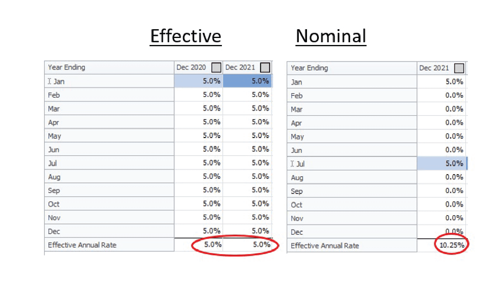 Chart comparing Effective Annual Rate of Inflation versus Nominal Rate of Inflation, as calculated in Argus Enterprise