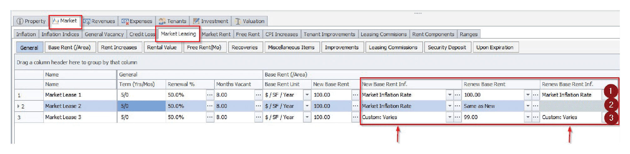 Screen shot of the General tab within the Market Leasing section in Argus Enterprise commercial real estate software.