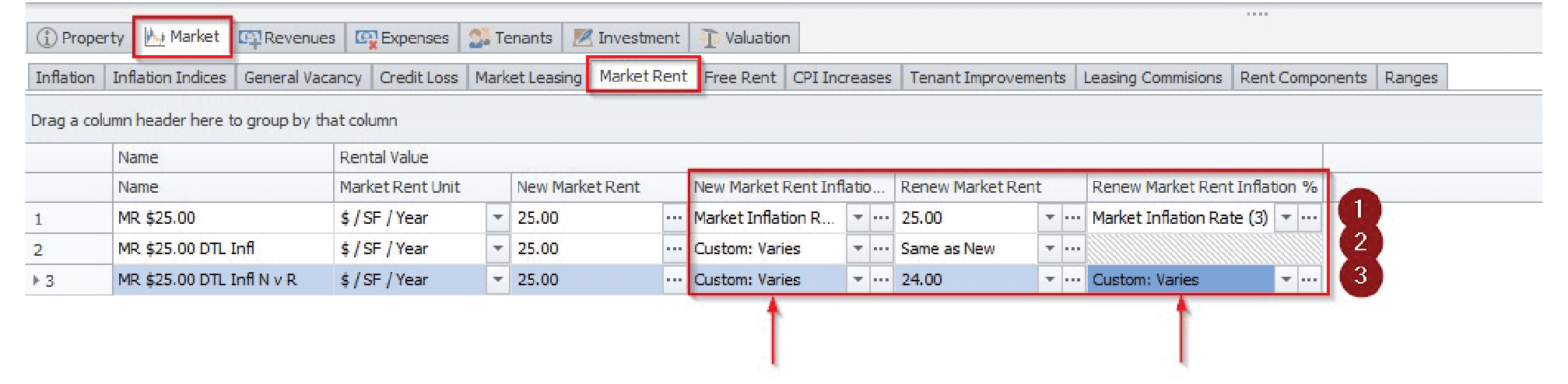 Screen shot of the Market Rent tab under the Market section in Argus Enterprise.